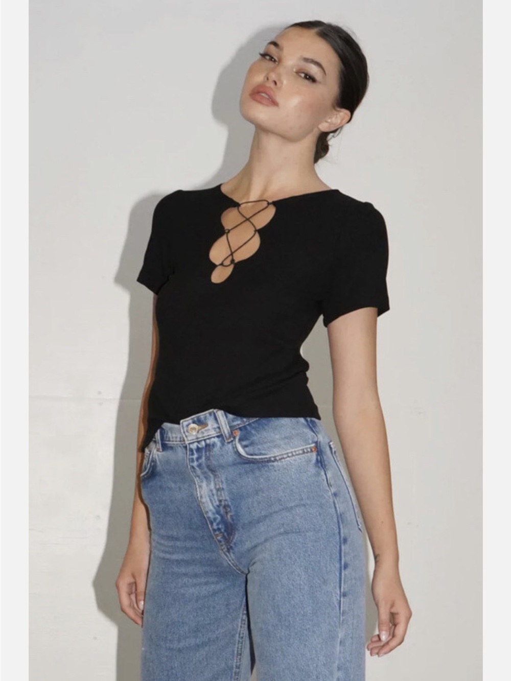 LNA Black Short-Sleeve Lace-Up Front Tee - Picture 2 of 5